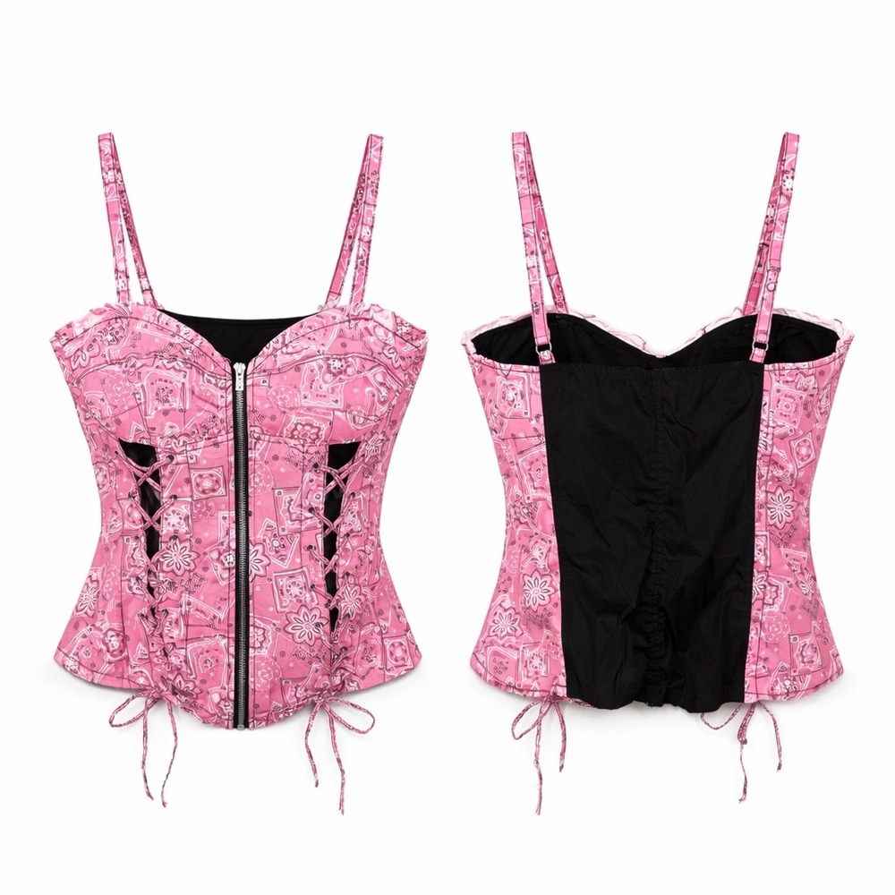 Royal Bones Daang Pink Bandana Zip Front Sheer Lace Corset Top XXL Cotton‎